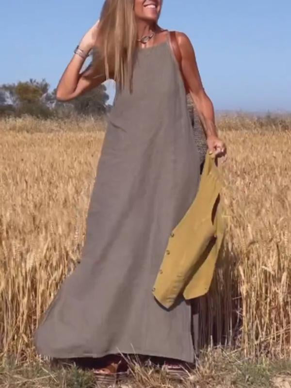 Spaghetti Strap Square Neck Linen Loose Maxi Dress