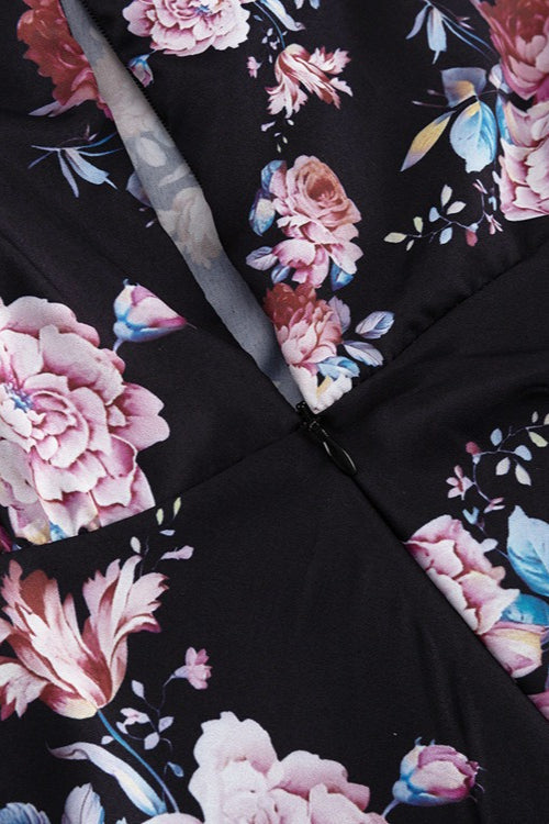 Contrast Collar Puff Sleeve Belted Ditsy Floral Print Midi Dress 9