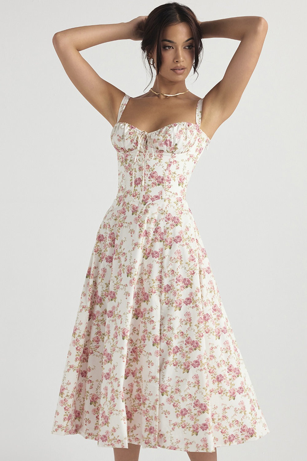 Wide Strap Sweetheart Ruched Bust Toile Floral Print A-Line Midi Dress 5
