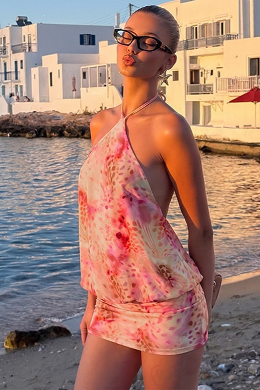 Printed Halter Tie Back Bodycon Slip Dress