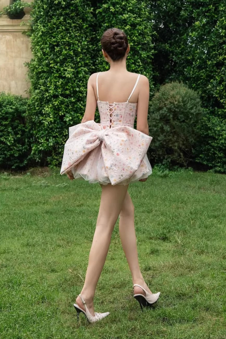 Pink Spaghetti Strap Corset Lace Trim Bubble Skirt Bow Back Mini Dress 5