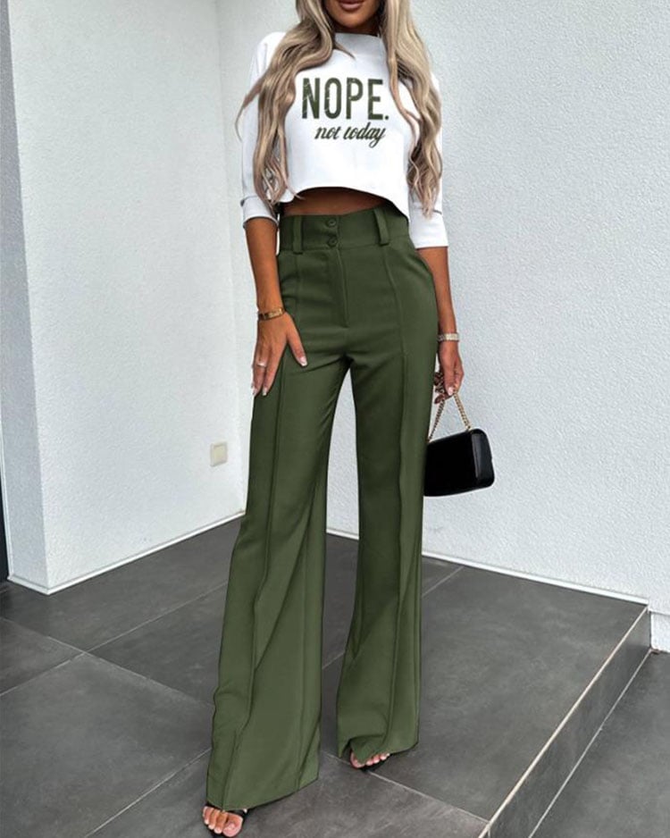 Fashionable solid color high waisted straight pants suit