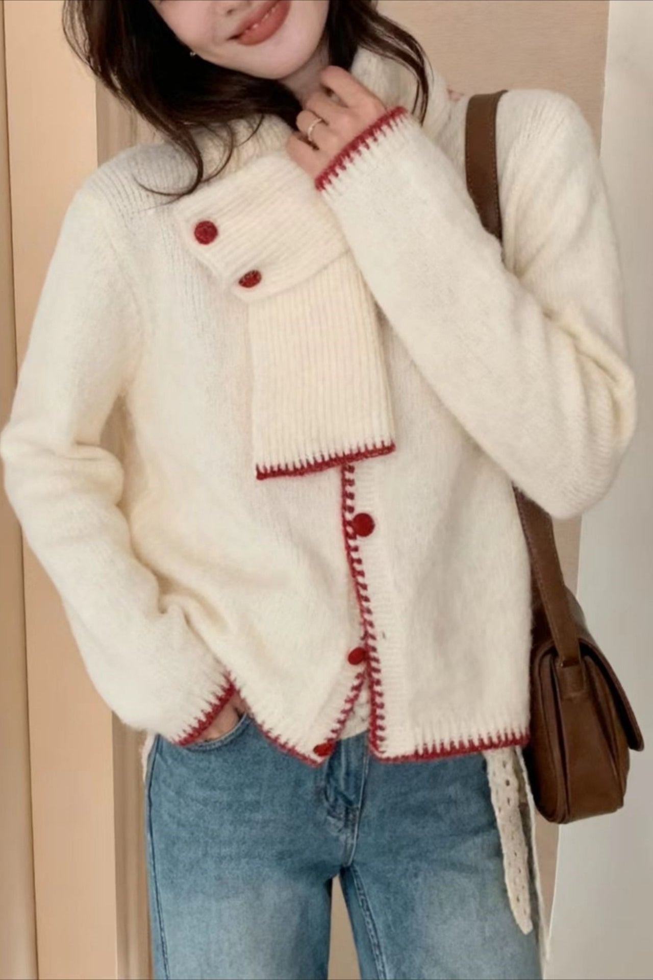 Color Block Cowl Neck Loose Knit Cardigan