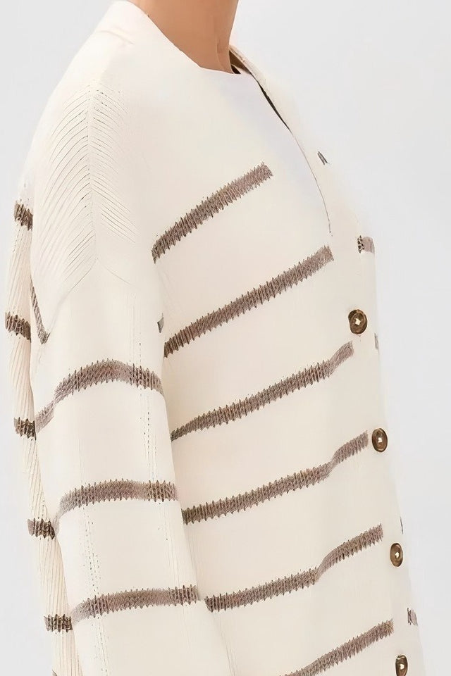 Striped Cotton V Neck Slouchy Knit Cardigan