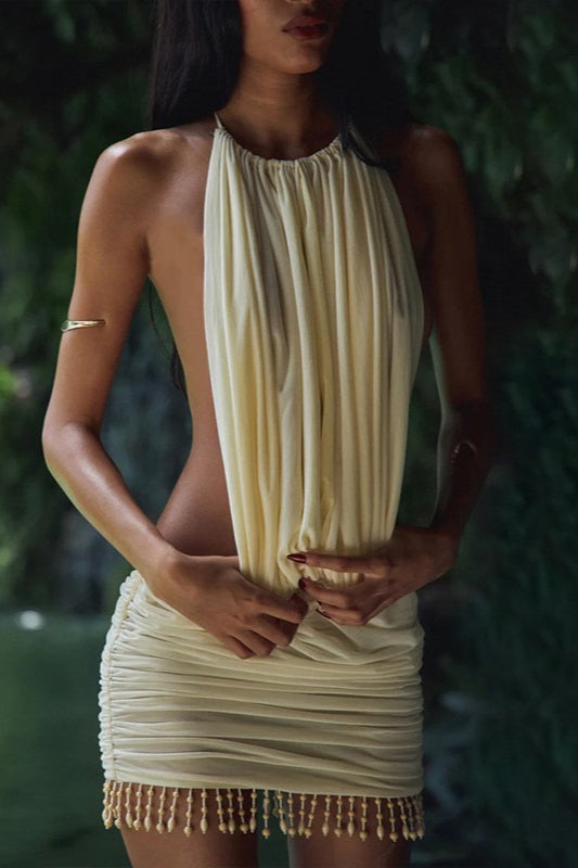Apricot Halter Neck Plunging Keyhole Side Cut Out Ruched Beaded Fringe Mini Dress 4