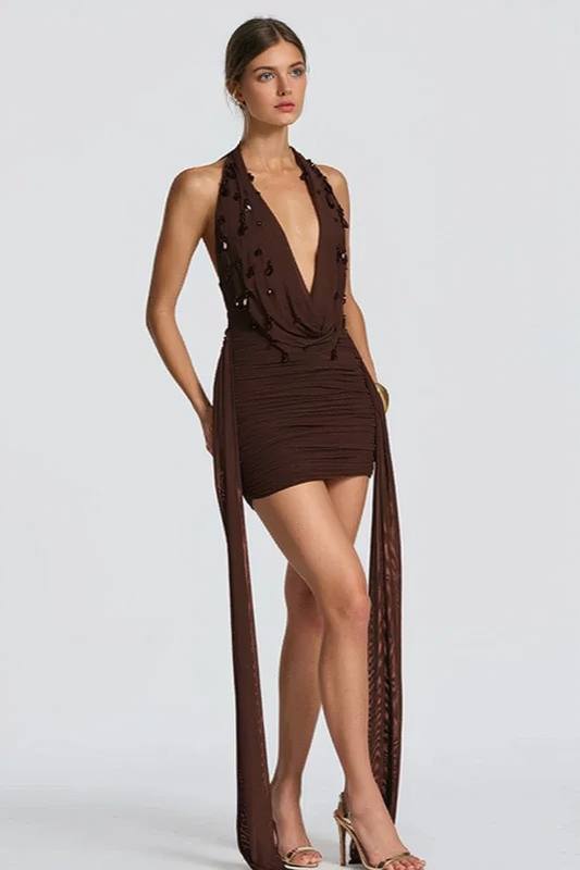 Deep V Halter Sash Teardrop Bodycon Party Dress