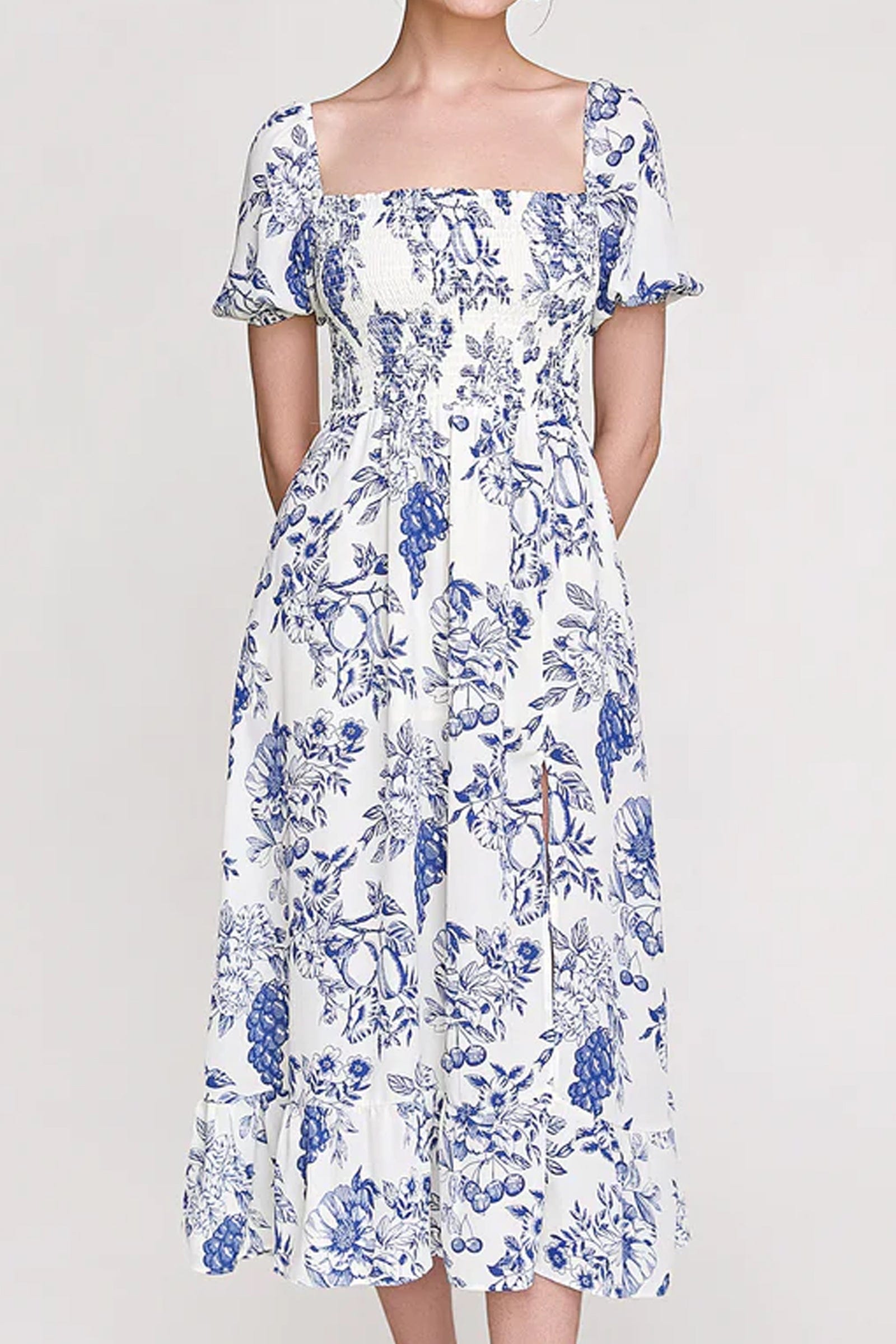 Blue Fruit Print Smocked Puff Sleeve Maxi Dress
