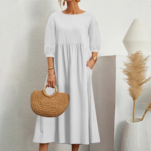 Round Neck Three Quarter Sleeve Babydoll Pocket Midi Dress 9