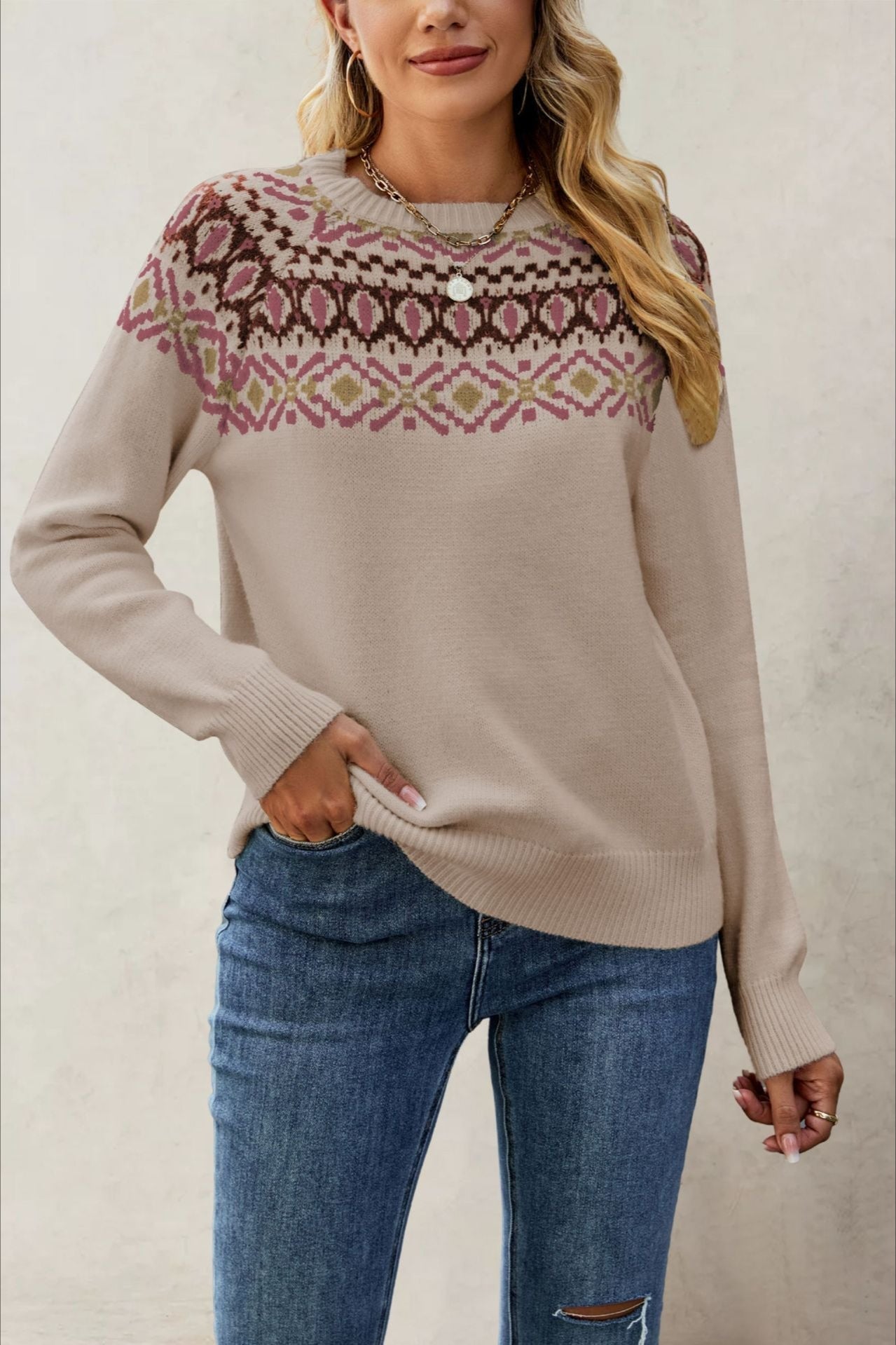 Jacquard Crew Neck Knit Pullover Sweater