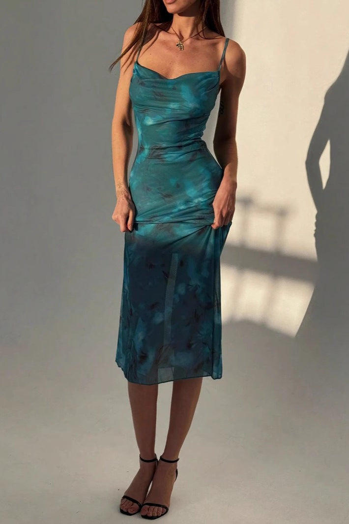 Green Cowl Neck Spaghetti Strap Abstract Marble Print Sheer Hem Midi Dress 3