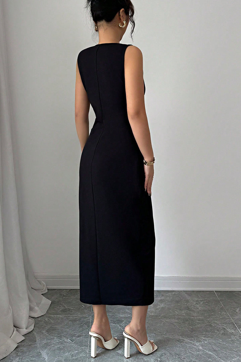 Black Bow Tie Slit Hem Bodycon Midi Dress 3