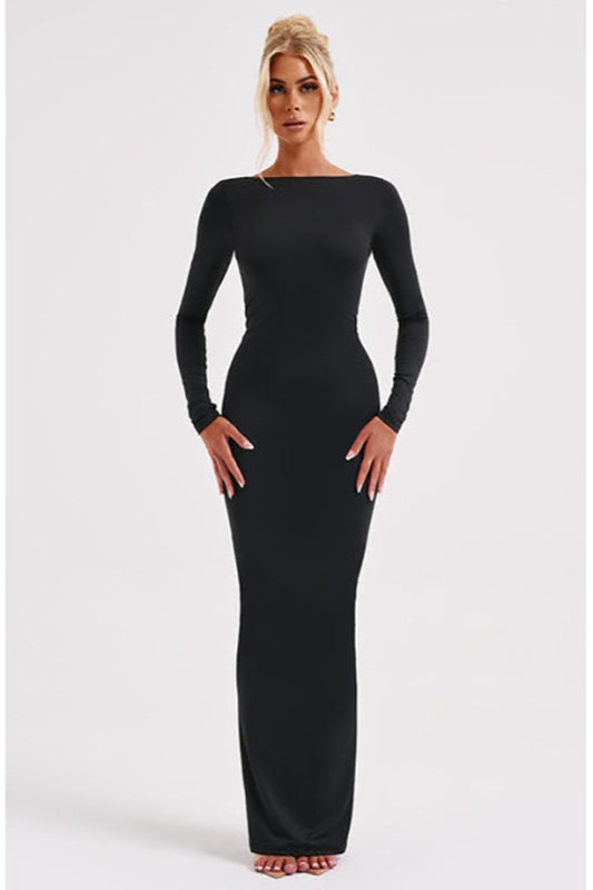 Long Sleeve Backless Bodycon With Side Slit Dress 15