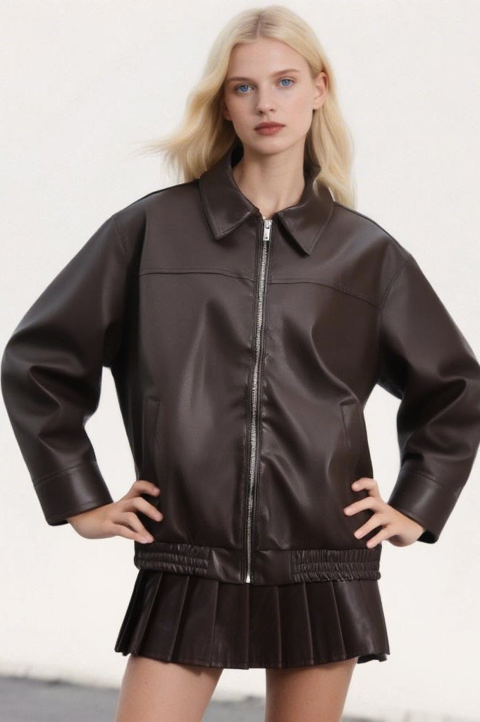 Faux Leather Collared Zip Casual Jacket