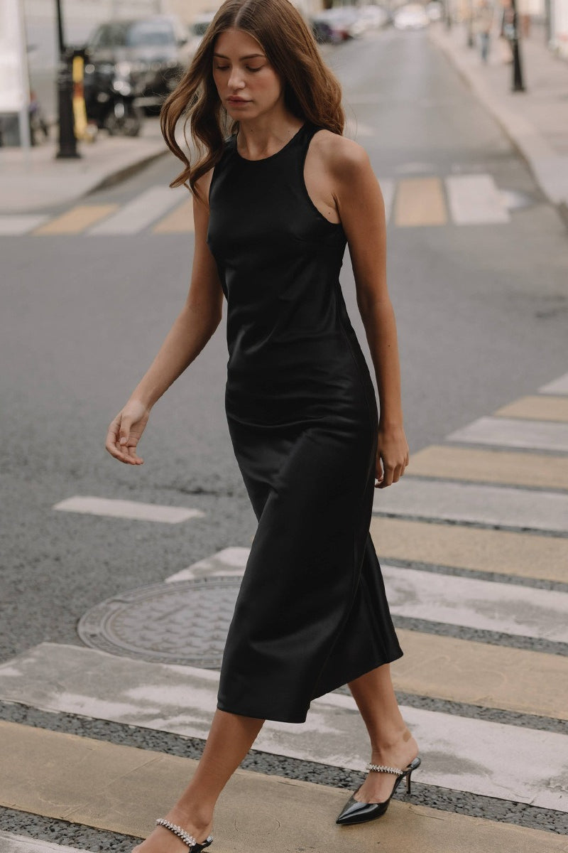 Black Satin Sleeveless Slip Dress