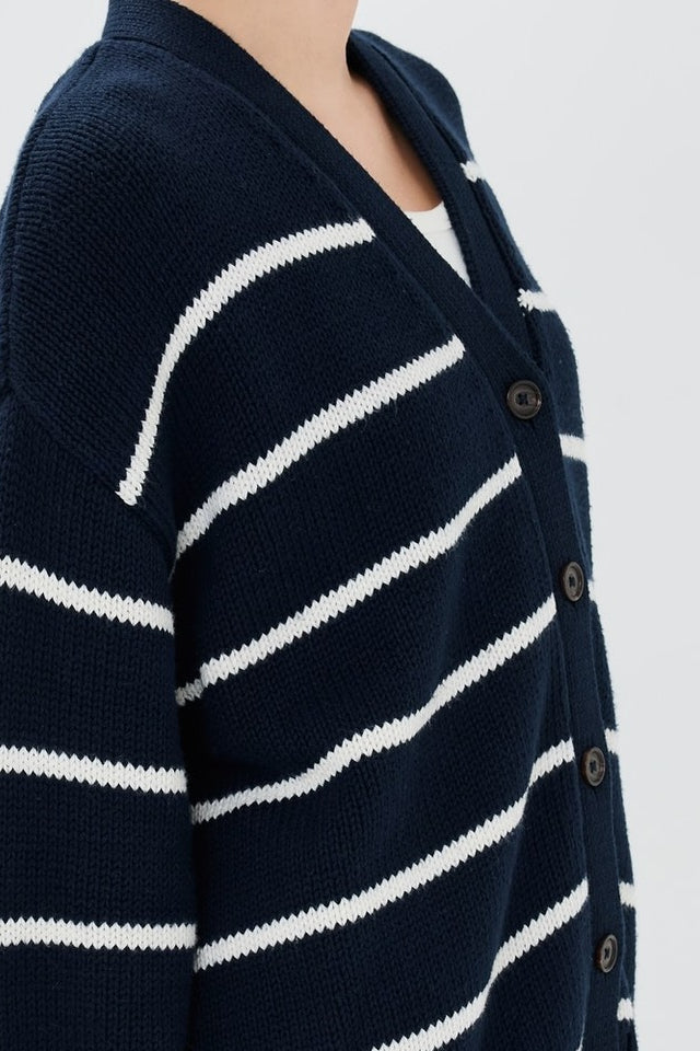 Striped Cotton V Neck Slouchy Knit Cardigan