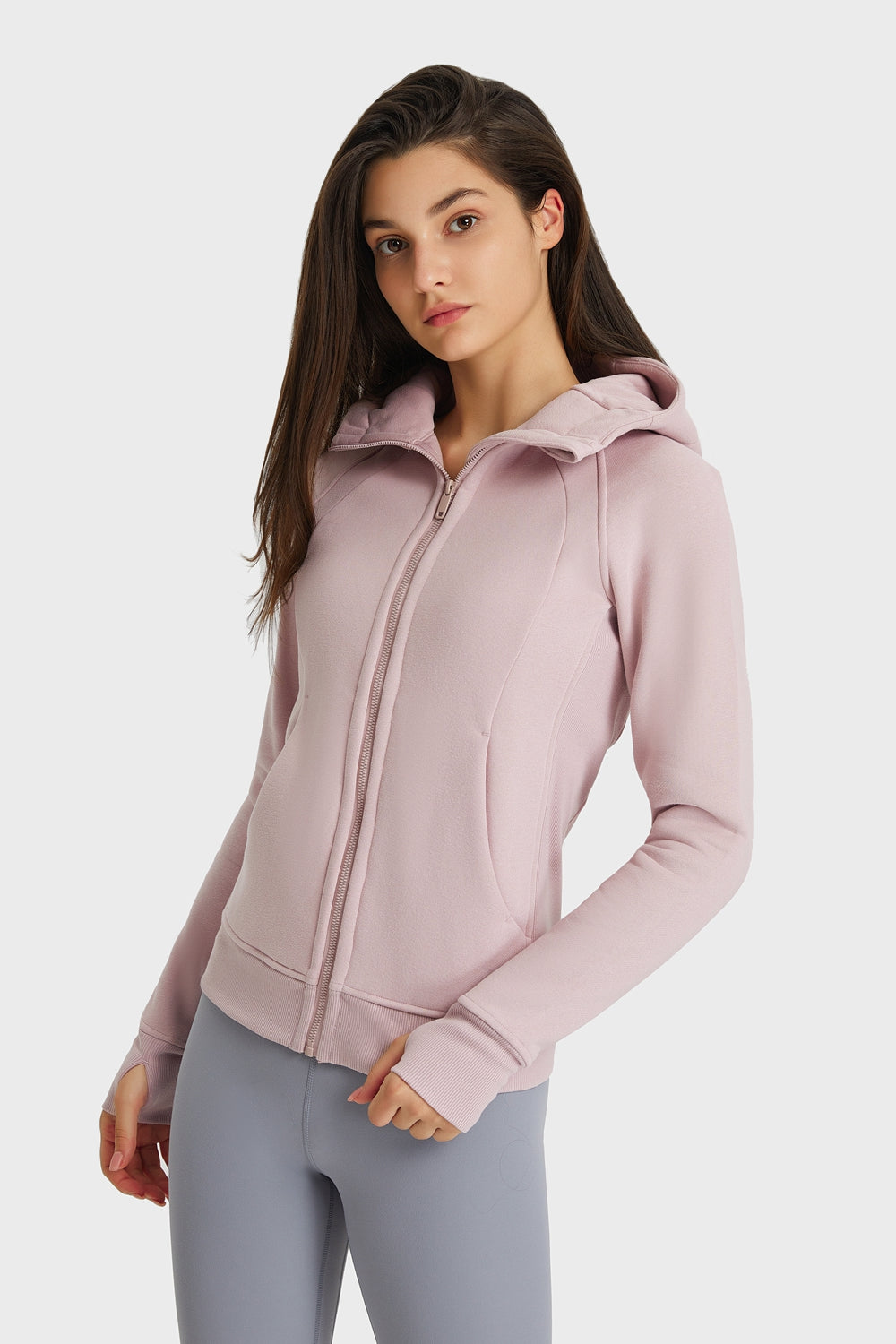 Zip Up Hooded Long Sleeve Thumbhole Fitted Sports Jacket