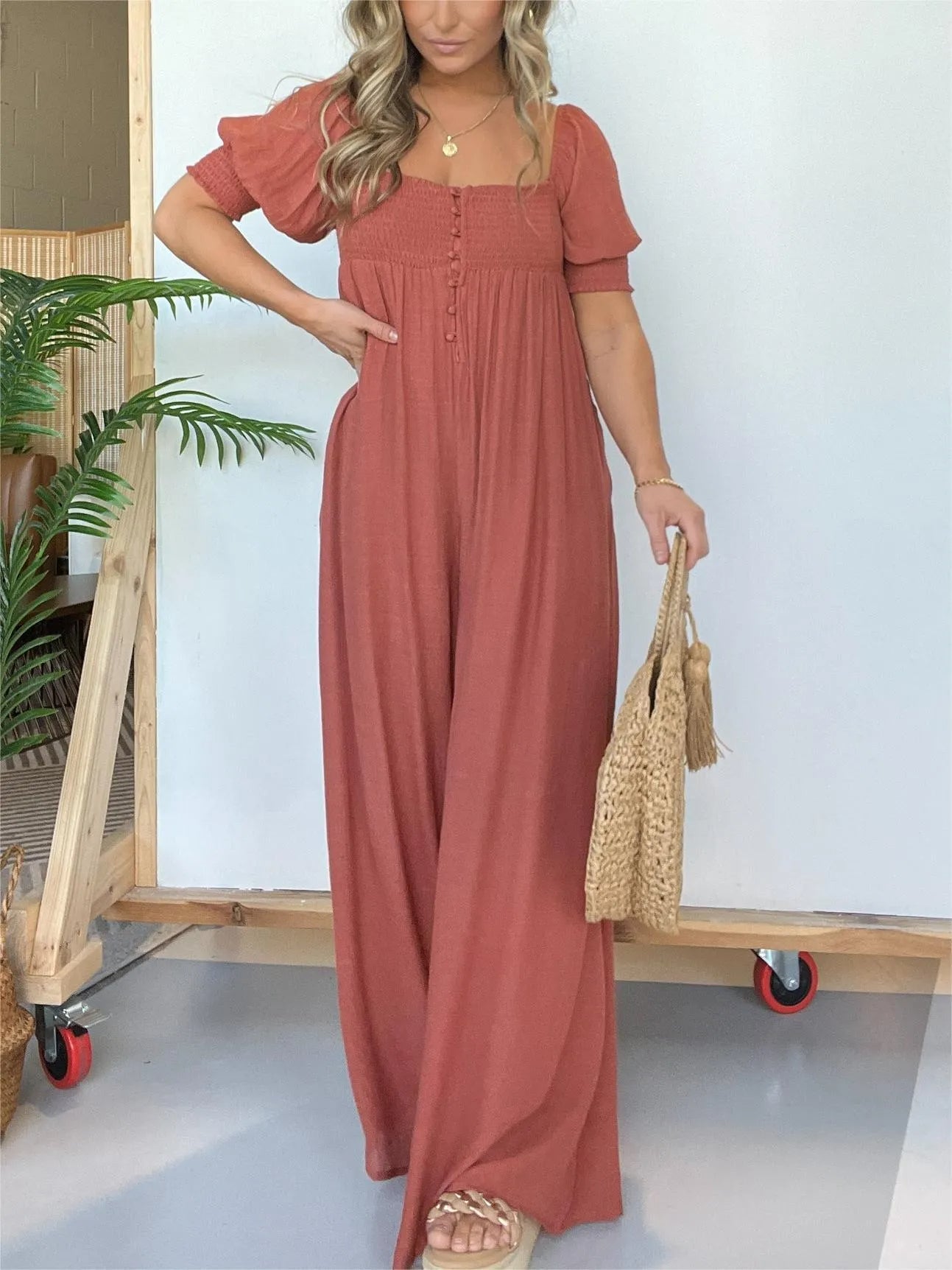 Square Neckline Jumpsuit With Smocked Bodice Button