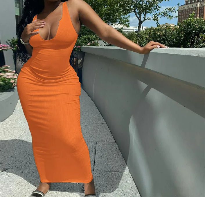 Ribbed Stripe Sleeveless Vneck Midi Dress