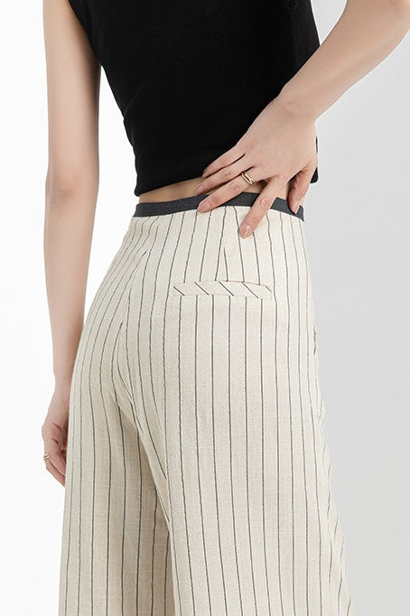 Linen High Waist Stripe Narrow Wide Leg Pants