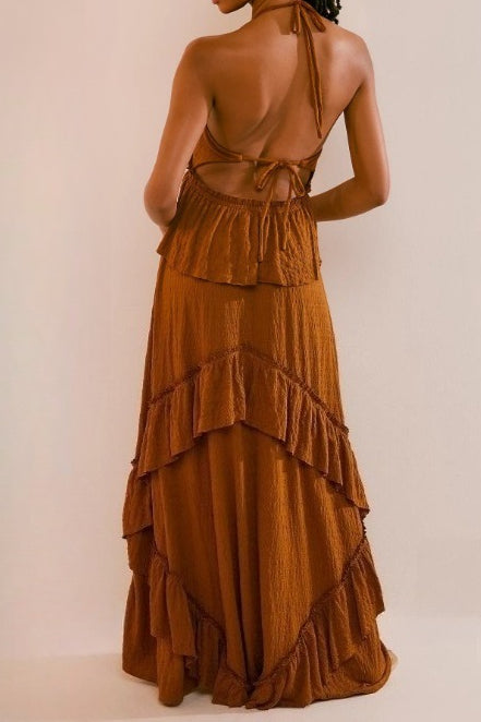 Halter Back Tie Tiered Ruffle Maxi Skirt Two Piece Set 13