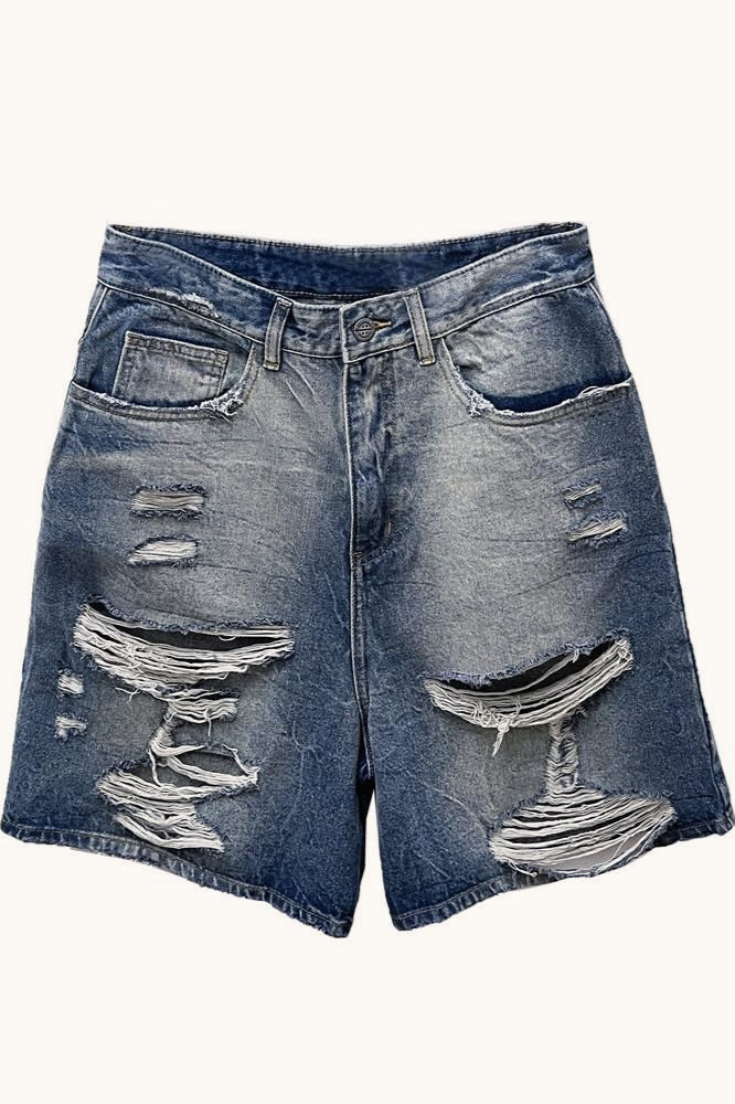 Distressed Frayed Hem Mid Length Denim Shorts
