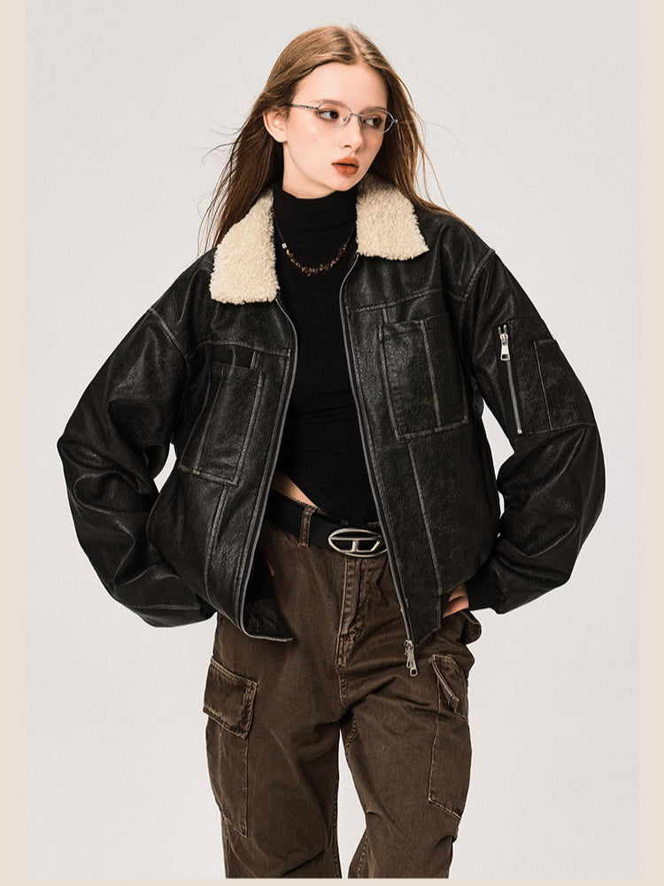 PU Leather Jacket with Lamb Wool Collar
