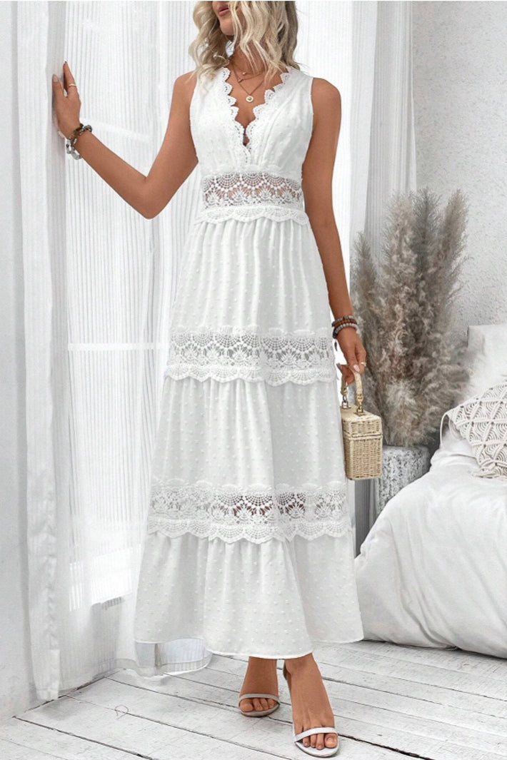 White Deep V Neck Swiss Dot Lace Panel Tiered Maxi Dress
