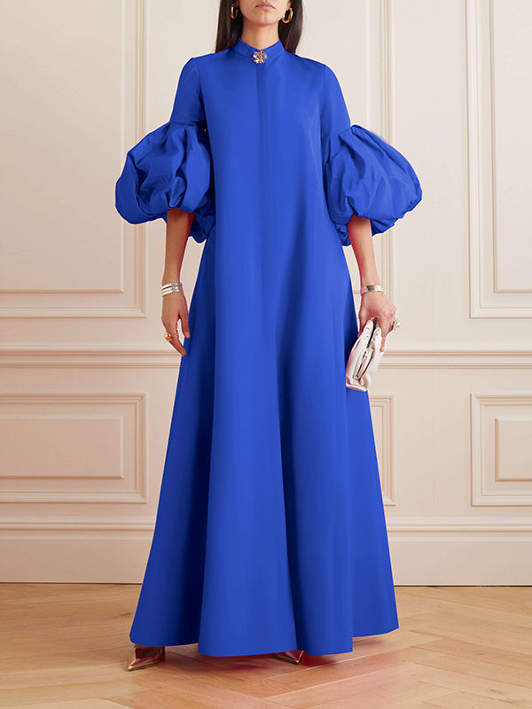 Loose Flower Shape Solid Color Stand Collar Lantern Sleeves Maxi Dresses - Omychic