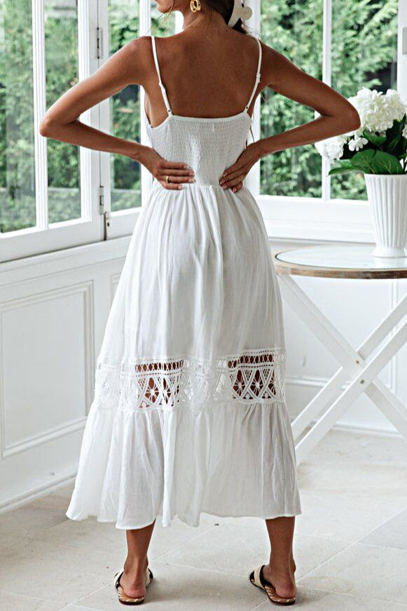 White Deep V Neck Crochet Lace Insert Button Front Ruffle Hem Midi Dress 5