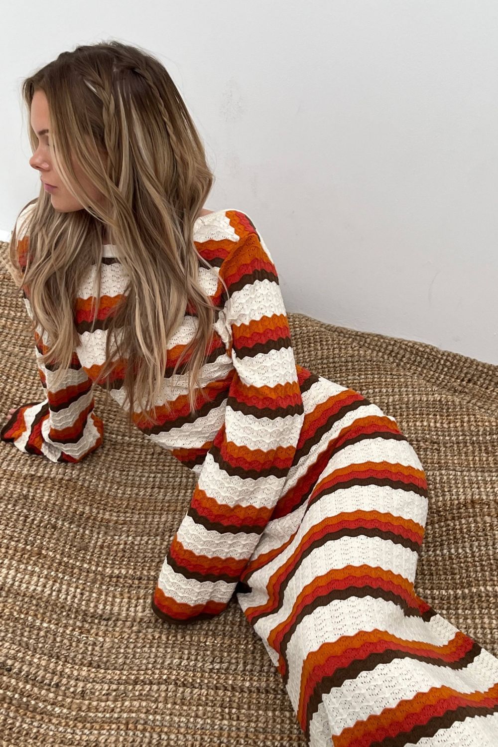 Odalis Boutique Woven Backless Maxi Knit Dress with Zigzag Pattern Chic Silhouette Collection