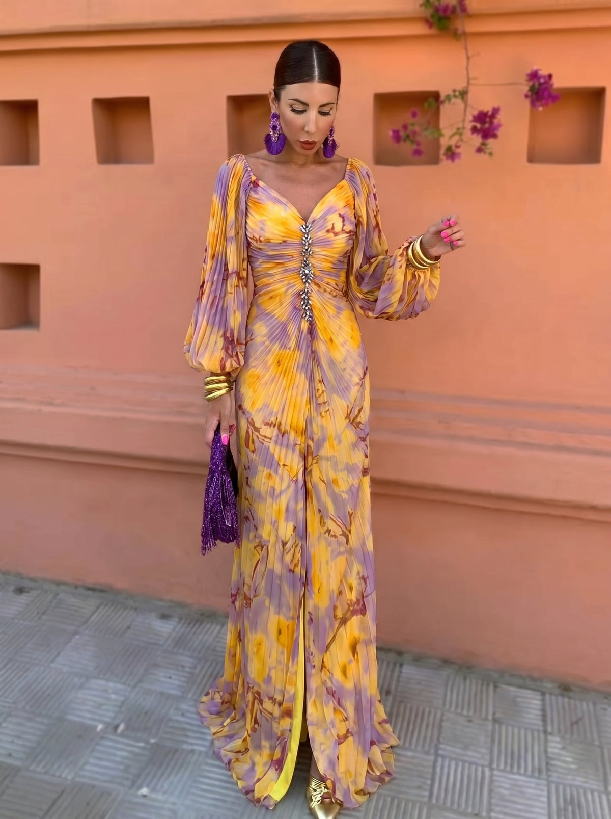 V-Neck Pleated Rhinestone Bishop Sleeve High Slit Maxi Gown