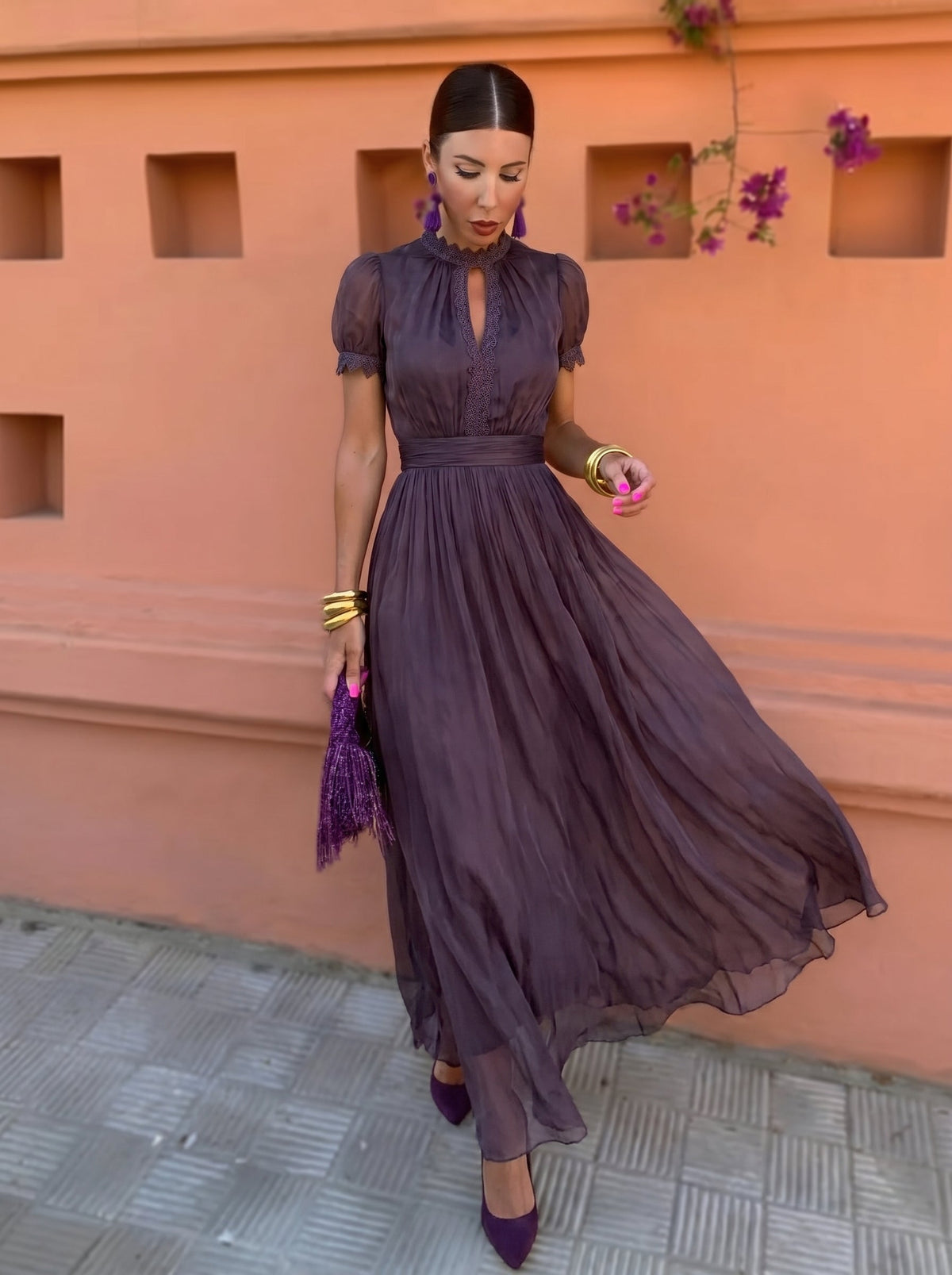 Purple Stand Collar Keyhole Lace Trim Puff Sleeve Pleated Chiffon Maxi Gown