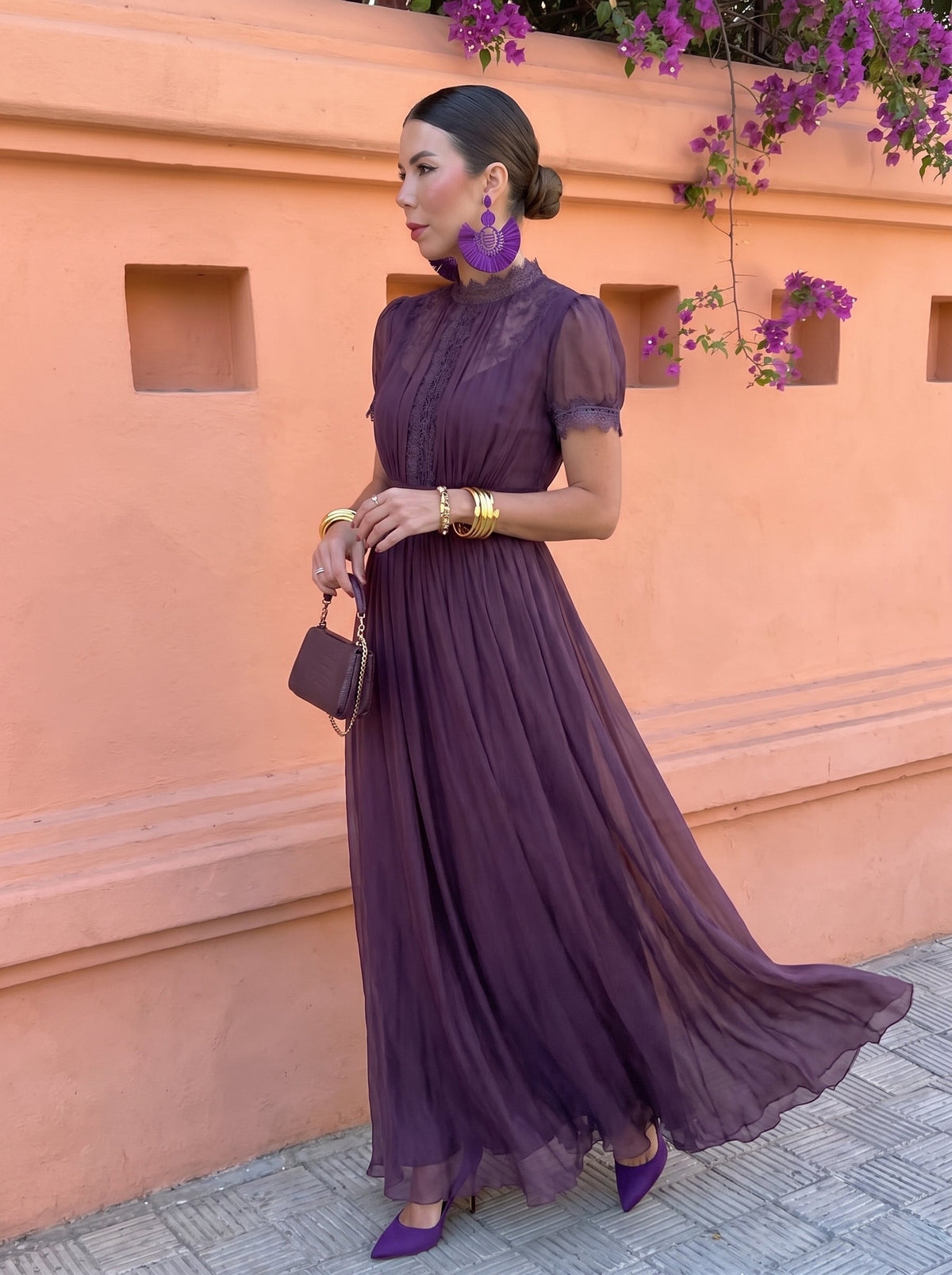 Purple Stand Collar Keyhole Lace Trim Puff Sleeve Pleated Chiffon Maxi Gown 4