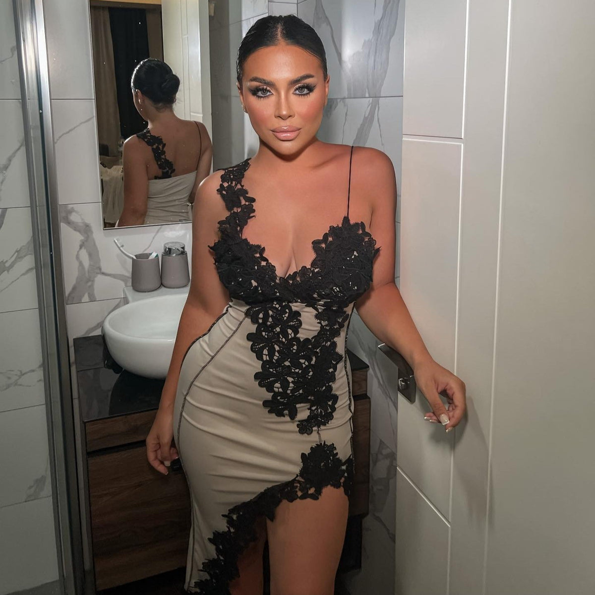 Beige V-Neck Floral Lace Applique High Slit Bodycon Midi Dress