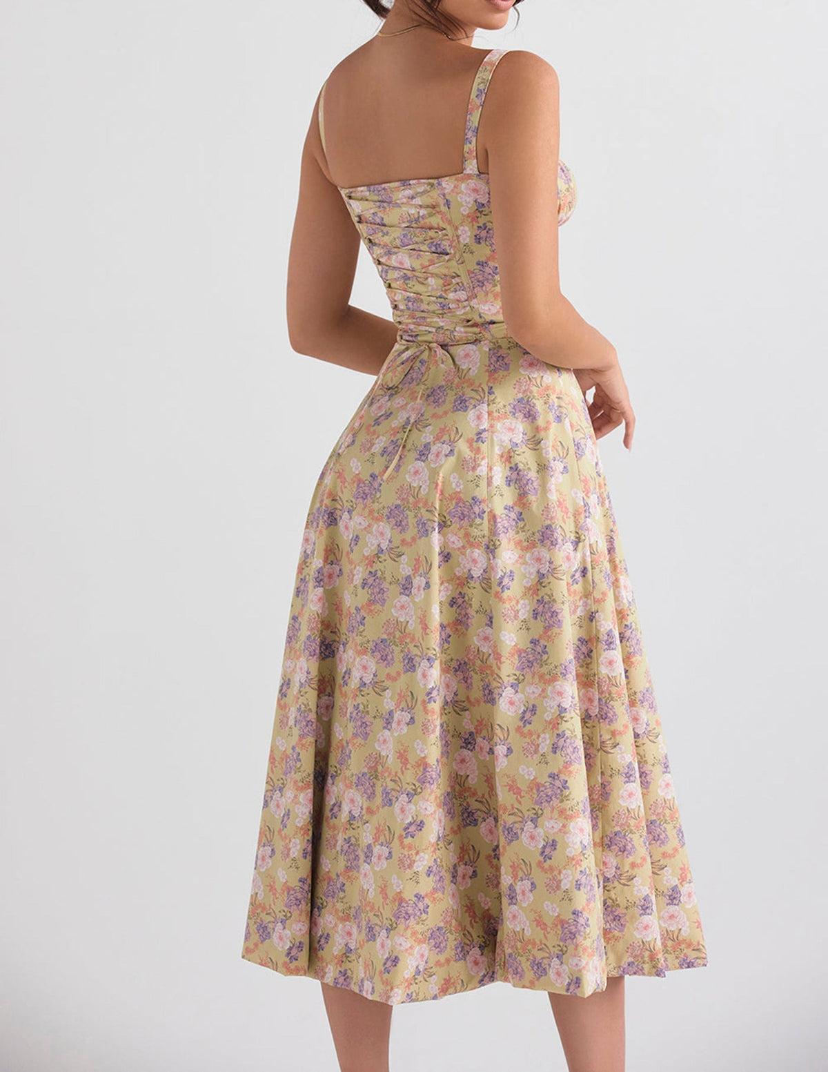 Sweetheart Neck Floral Print Corset Strap High Slit Midi Dress 10