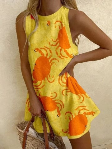 Round Neck Crab Print Sleeveless Swing Mini Dress