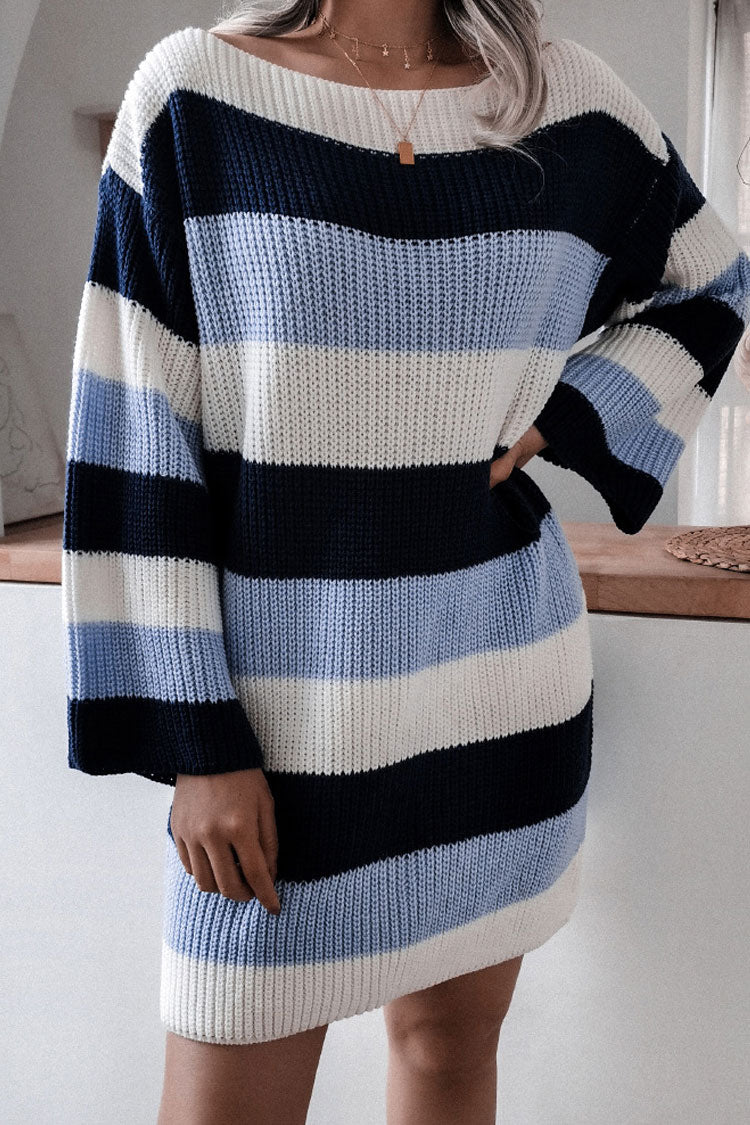 Blue Boat Neck Long Sleeve Striped Oversized Knit Sweater Mini Dress