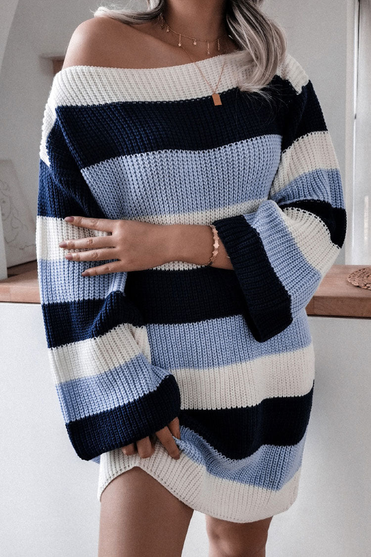 Blue Boat Neck Long Sleeve Striped Oversized Knit Sweater Mini Dress