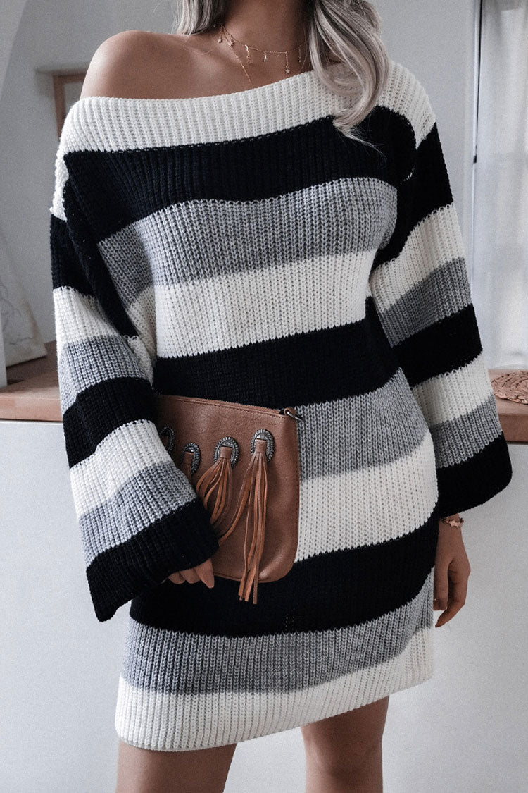 Black Boat Neck Striped Oversized Long Sleeve Sweater Mini Dress