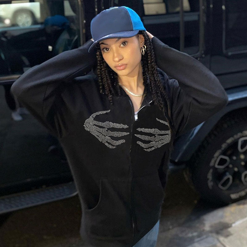 Black Rhinestone Skeleton Zip Front Drawstring Long Sleeve Hoodie