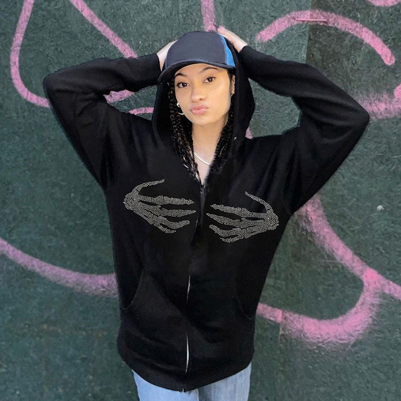 Black Rhinestone Skeleton Zip Front Drawstring Long Sleeve Hoodie