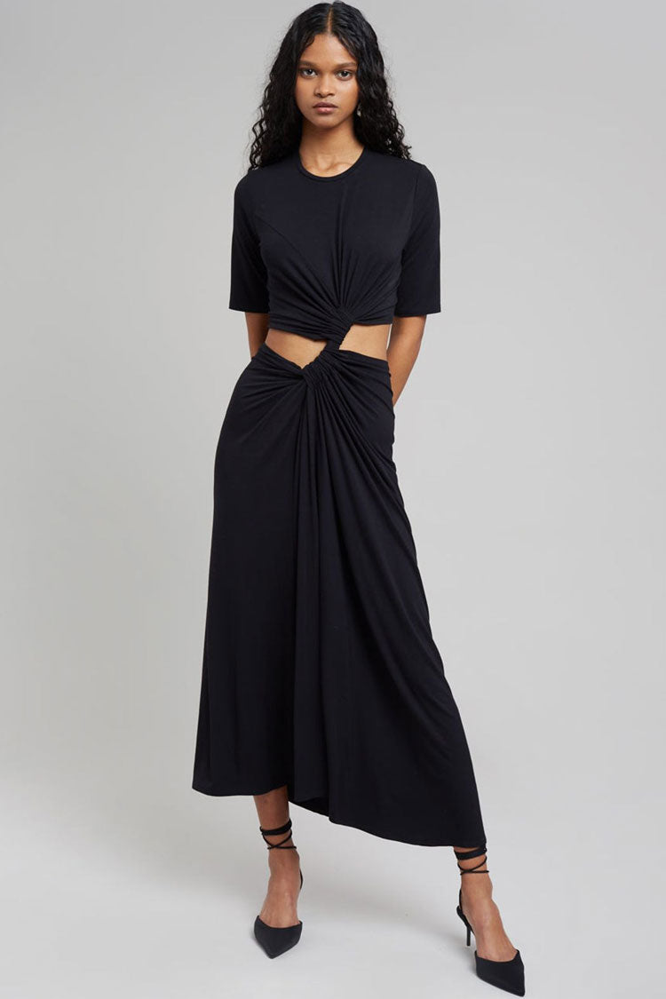 Black Round Neck Short Sleeve Ruched Twist Front Cutout Maxi Dress