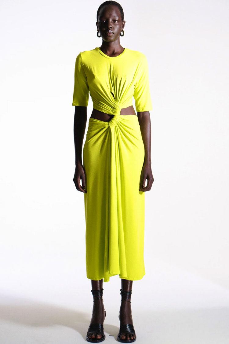 Lime Green Round Neck Short Sleeve Ruched Twist Front Cutout Maxi Dress