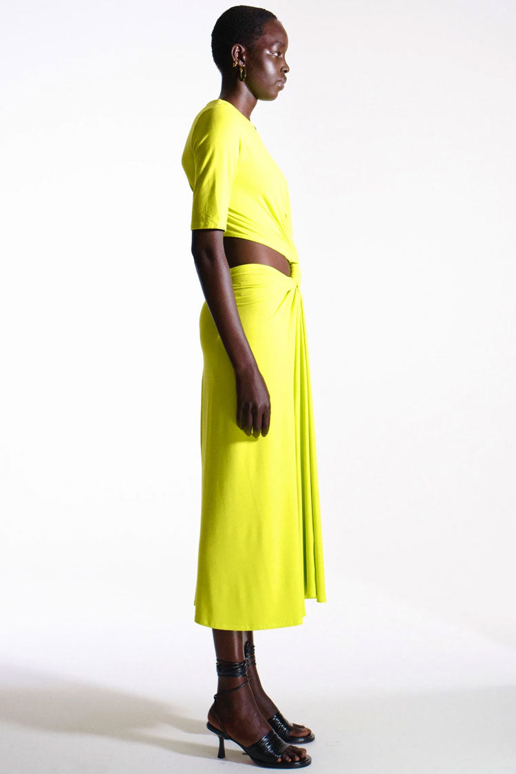 Lime Green Round Neck Short Sleeve Ruched Twist Front Cutout Maxi Dress