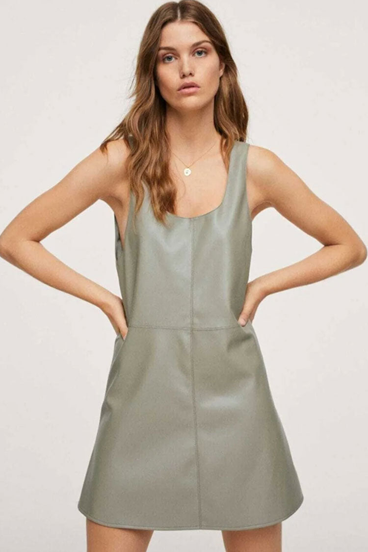Mint Green Scoop Neck Sleeveless Vegan Leather A-Line Mini Dress