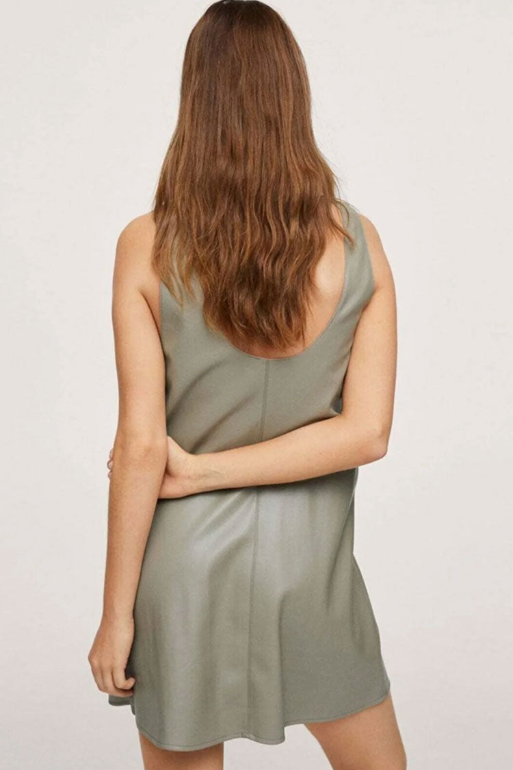Mint Green Scoop Neck Sleeveless Vegan Leather A-Line Mini Dress