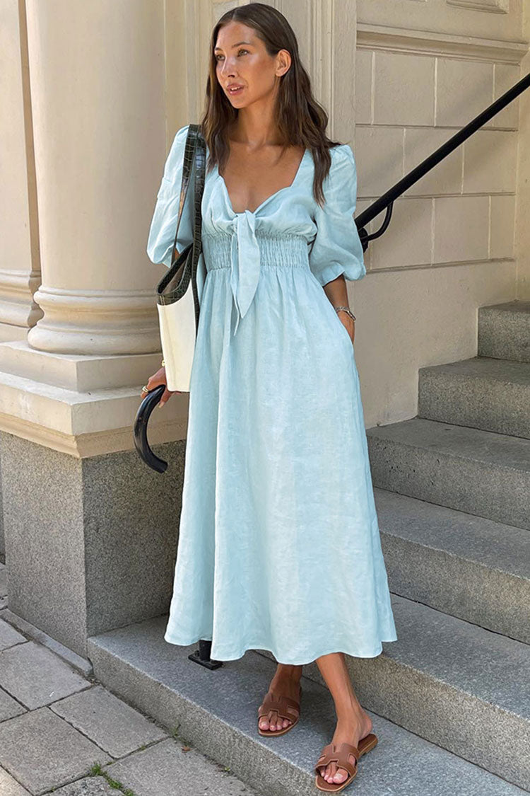 Sky Blue Tie Front Puff Sleeve Smocked Waist Linen A-Line Midi Dress