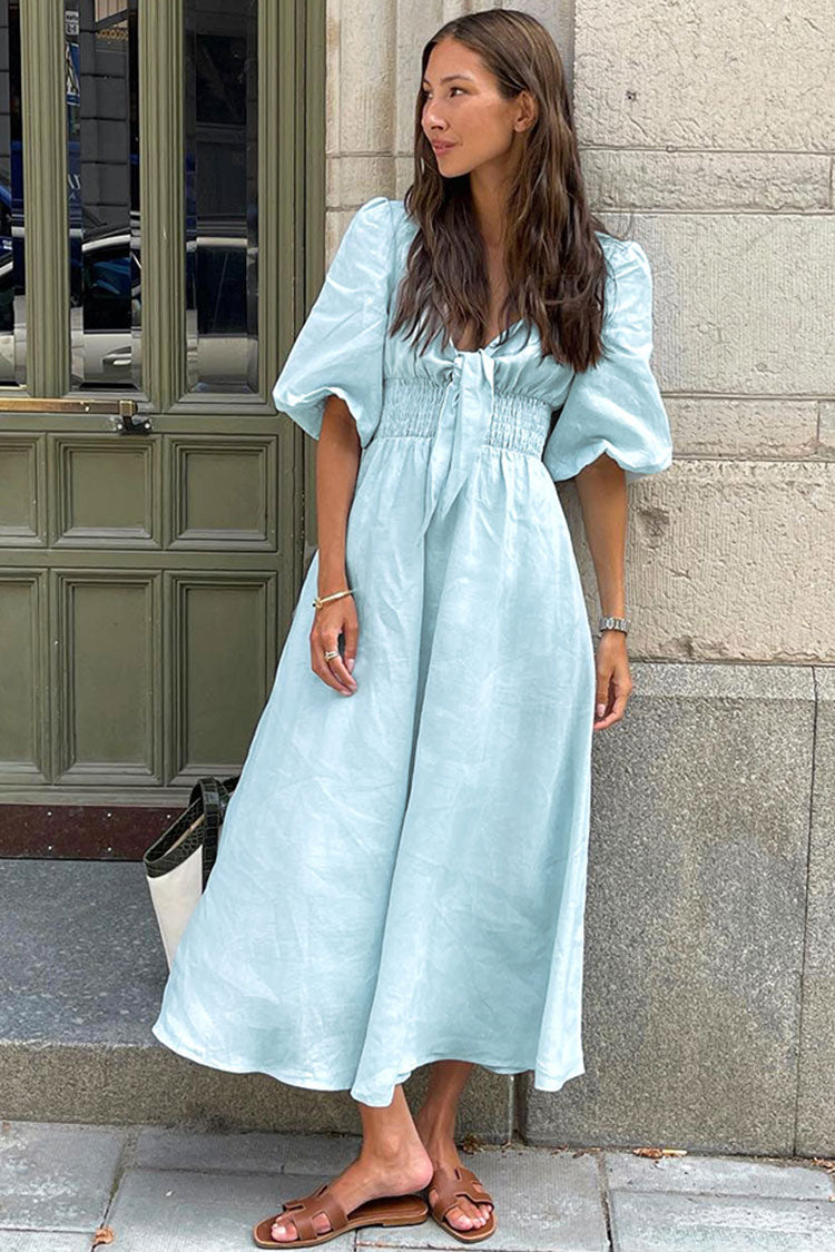 Sky Blue Tie Front Puff Sleeve Smocked Waist Linen A-Line Midi Dress