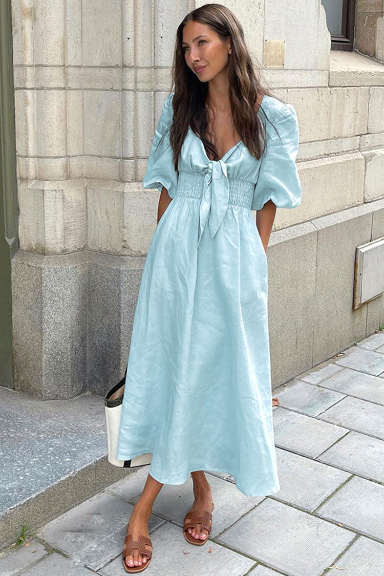 Sky Blue Tie Front Puff Sleeve Smocked Waist Linen A-Line Midi Dress