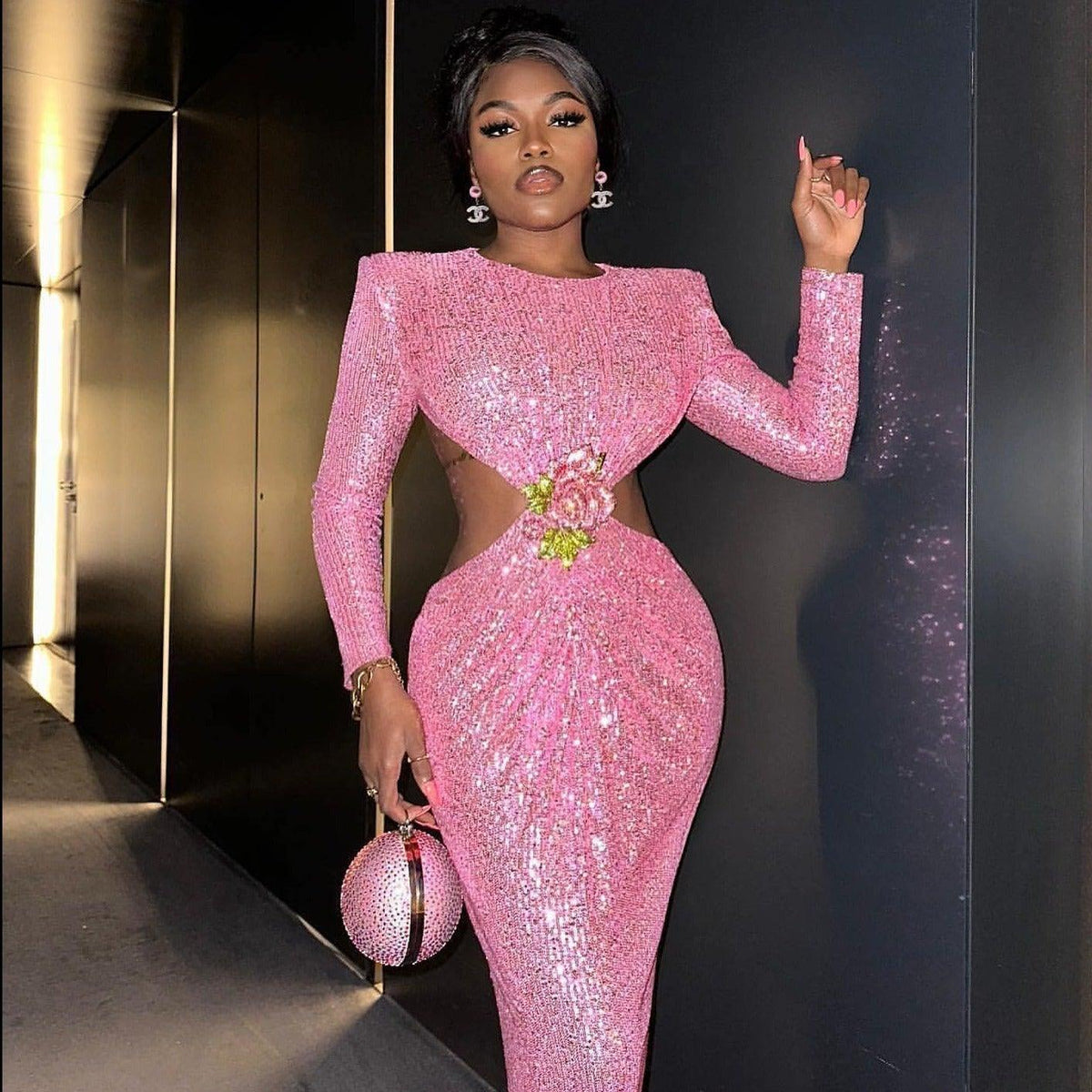 Round Neck Long Sleeve Sequin Cutout Rose Applique Maxi Dress